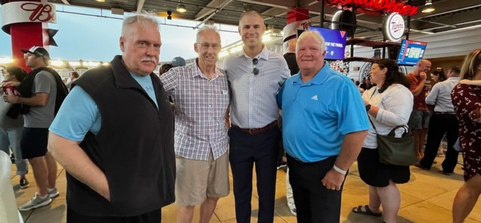 (L-R) Roger Erickson, former CDH Asst Baseball coach, Snap Leitner, former Asst Baseball coach, Joe Mauer ’01, Jim O’Neill ’74,  former CDH Head Baseball coach