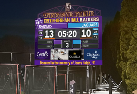 With your help, the Wingerd Turf Field scoreboard will honor the legacy of Jenny Haigh '01.  This is a mockup of the scoreboard and its final design will be determined at a later date.
