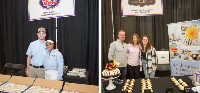 (L) Brian Smith ‘11 and Julia Odima Smith ‘12, Jersey Mike’s Subs, (R) Paul ‘80, Wendy and Rezza ’23 Sevenich, Nothing Bundt Cakes