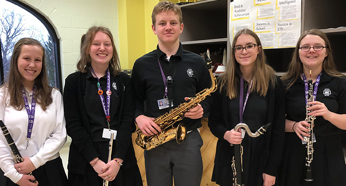 MBDA 9-10 Honor Band participants (L-R) Lauren Loeffler, Marie Evenson, George Weber, Elena Reinboldt, and Cecilia Dusek.