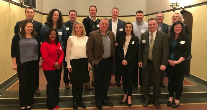 Back Row: Jim Vanek '01, Kate Townley '00, Mike Oxley '03, Craig Twombly '89, John Bina '86, Brian Nalipinski '96, Frank Miley, Jane Metzger Von Haden '80. Front Row: Anne Troskey Balfour, DDS '96, Siobhan Tolar '01, Dawn Reding '88, Dan Walsh '89, Margaret Hughes Todora '10, Bill Robertson '79, Katie Russell Etten '98.