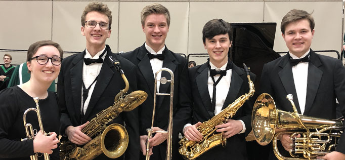SEC Honor Band Members at the Grand Finale Concert on Monday, February 8. L-R: Mary Grace Shearon '19, Alex Christensen '19, Tommy Zastrow '20, Jack Chojnacki '19, Ben Craighead '20.