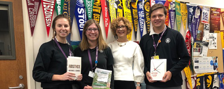 Lizzie Paterson '20, Cecelia Ziegler '20, Principal Mona Passman, and Ben Craighead '20 in the Counseling office.