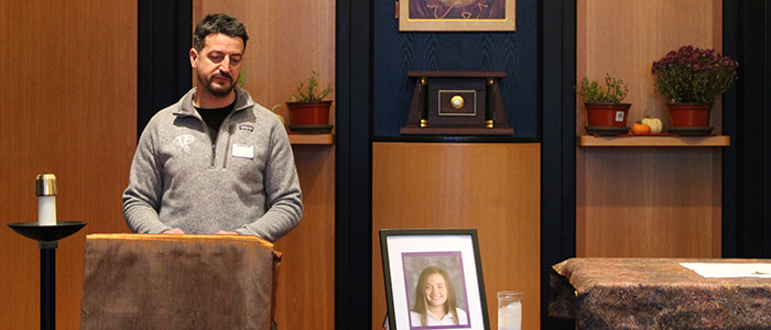 The parents of Owen Loftus spoke to a Faith & Ethics class in November, shortly after the death of Paige Bullis, whose photo was on display in the chapel that week.