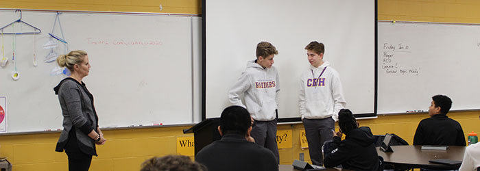 Students role-play a discussion about drug use under the supervision of Prevention Specialist Jennifer Danforth.