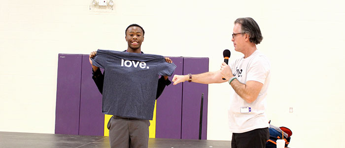 Tre Holloman '22 participated in a skit as part of David Flood's presentation.
