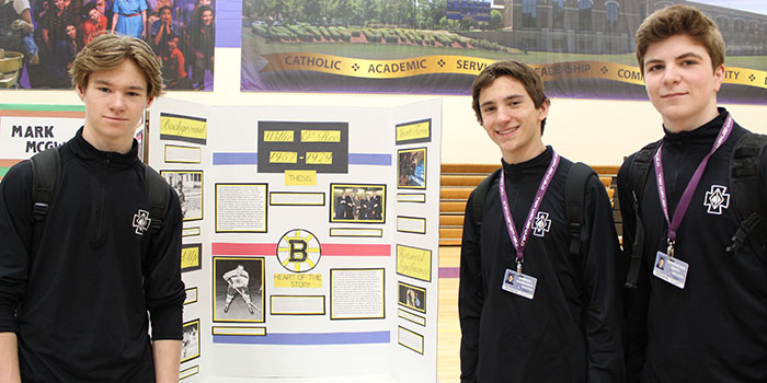 Jacob Sondreal '22, Gabe Rasmussen '22, and Breandan Smith '22 worked together on an exhibit about Willie O'Ree, the first black player in the NHL.