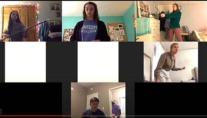 The play is rehearsing on Zoom. (From top left) Karlie Reynolds '24, Rainy Strain '21, Anna Ek '23. (Blank boxes) Alice Spong '21 Assistant Director, and Katie Kreitzer, Director. (Center right) Annika Anderson '21. (Bottom) Andrew Lennox '23.