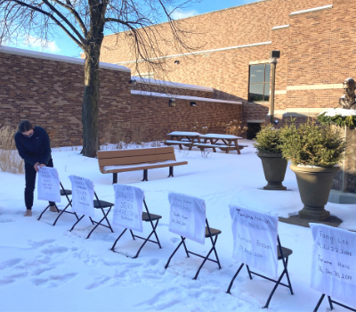 Student Council created a Say Their Names display in the Blessed Brother James Miller courtyard.