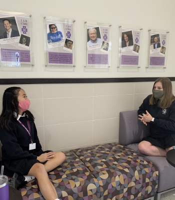 Mary Kae, left, chats with a friend in the Lentsch Forum.