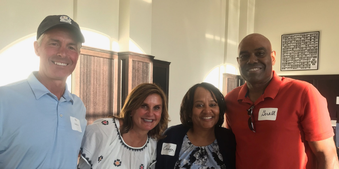  Rick '79 and Tricia Long '79 and Carolyn and Gerald Burns (parents of Alexis '15, Jordan '18, Justin '22) enjoyed connecting with other Raider volunteers at the social.