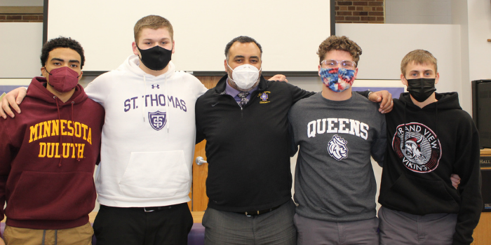 Durelle Hall '22, James Morrison '22, Athletic Director Phil Archer '99, Liam Gent '22, and Jackson Parker '22.