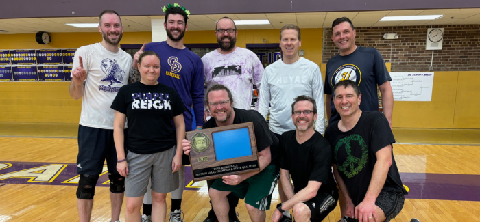 Fossils faculty team (First Place) - front row, L to R: Jenn Androsky, Michael Murray '97, Tommy Murray '97, Tim Teuber. Back row: Nick Giles '03, Toby Anderson, Jesse Cusick '98, Chad Loeffler, Sean Van Gemert '96