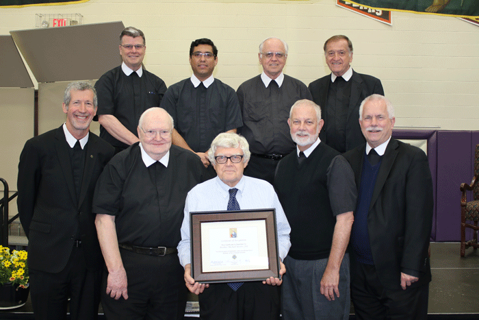 Many Christian Brothers gathered to celebrate Founders Day at Cretin-Derham Hall on May 15, 2017.  (top row)  Brothers Pat Conway’71,  Ephrain Martinez, Douglas Hawkins’63, Dominic Ehrmantraut’63.  (bottom row)  Brothers Larry Schatz, Fred Dillenburg, Michael Rivers, Denis Galvin,  Robert Smith’72.