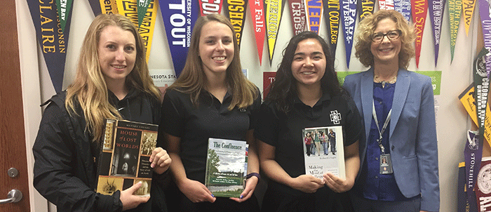 Book Award Recipients (donating University noted): Grace Regala (Harvard), Amy Reuter (Dartmouth) & Abby Sticha (Yale); Ms. Mona Passman, Principal