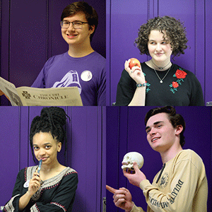 Some of the editors for the 2017-18 school year are, clockwise from top left, Abraham Teuber in the role of managing editor; Katie Schearer, one of the executive editors (along with Megan Commers), Jack Tierney as art director; and Linda Johnson as news editor.