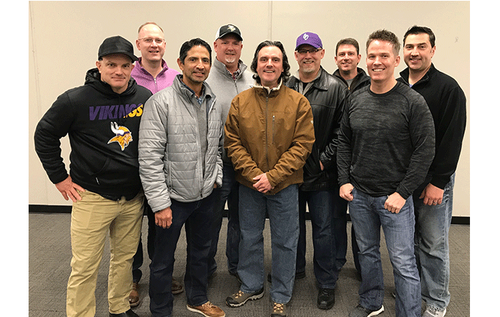 L-R: Kevin Scanlon‘90, Finbar Murphy‘88, Jose Meza‘89, Chris Staples‘88, Bert Sager‘89, Derek Weinke‘89, Mike Shier‘89, Dan Scanlan‘88, and Tony Lancette‘89. Mike Vogel‘90 was at the game but not in the photo.