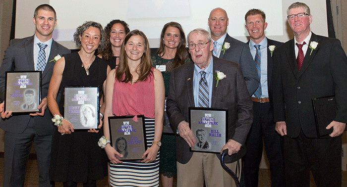 The following deserving alumni were inducted in the Hall: Joe Mauer '01, Jenny Haigh '91 † (represented by Aileen G.), Kate Townley '00, Alyssa Karel Ylinen '07, Erin Sobaski '81 † (represented by Courtney H.), Bill Walsh '57, Chris Weinke '90, Matt Birk '94, and Bob Sweeney '77 (Honorary Raider Award). * Not pictured are the 1989 Baseball Team, the 1990 Baseball Team, and the 1999 Girls Basketball Team.