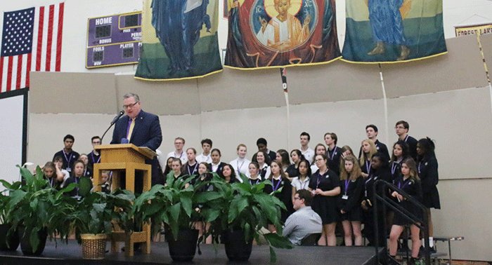 CDH President Frank Miley addresses the assembly on Founders' Day.
