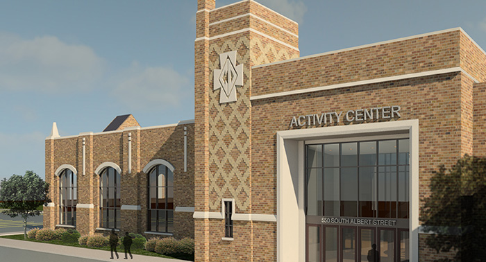 The proposed new entrance will enhance the exterior design of the campus, face Albert Street, and replace the Activity Entrance.