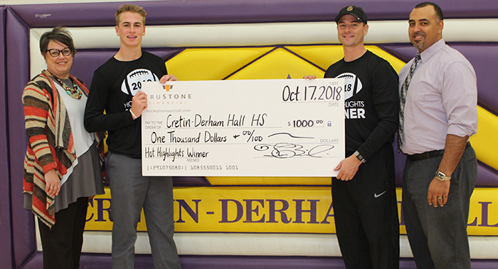 Lisamarie Meyer, with TruStone Financial, presented the check on October 17, to Will Burke ’20, Varsity Coach Brooks Bollinger, and AD Phil Archer ’99.